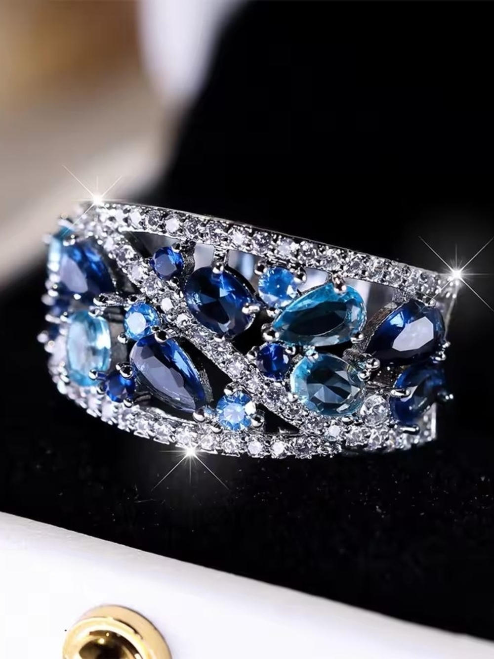 Silver color Ring with Mixed Blue Gemstones - Women Jewelry - Picture 2 of 5